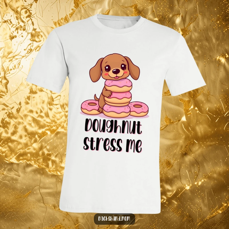 Funny Kawaii Dachshund T-Shirt depicting a cute dog precariously balancing a tower of donuts, a humorous and delightful gift.