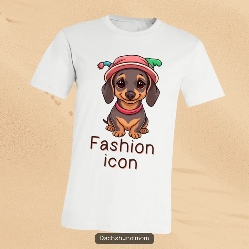 Funny Dachshund T-Shirt: A fashionable wiener dog proudly displaying a humorous assortment of mismatched, vibrant hats.