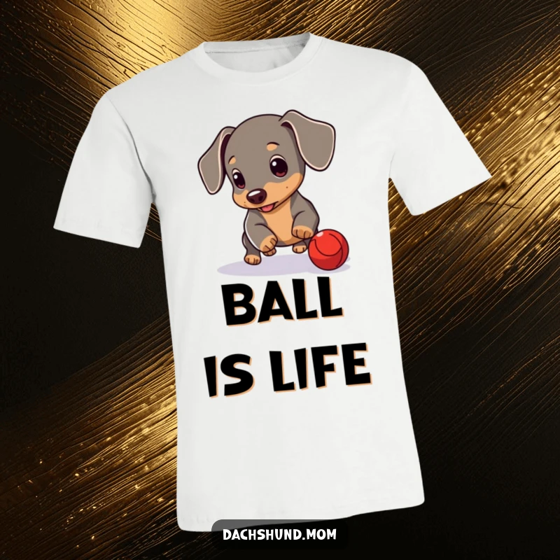Funny Dachshund Cub T-Shirt: A young Dachshund pup is actively rolling a red ball. Cute and humorous dog apparel.