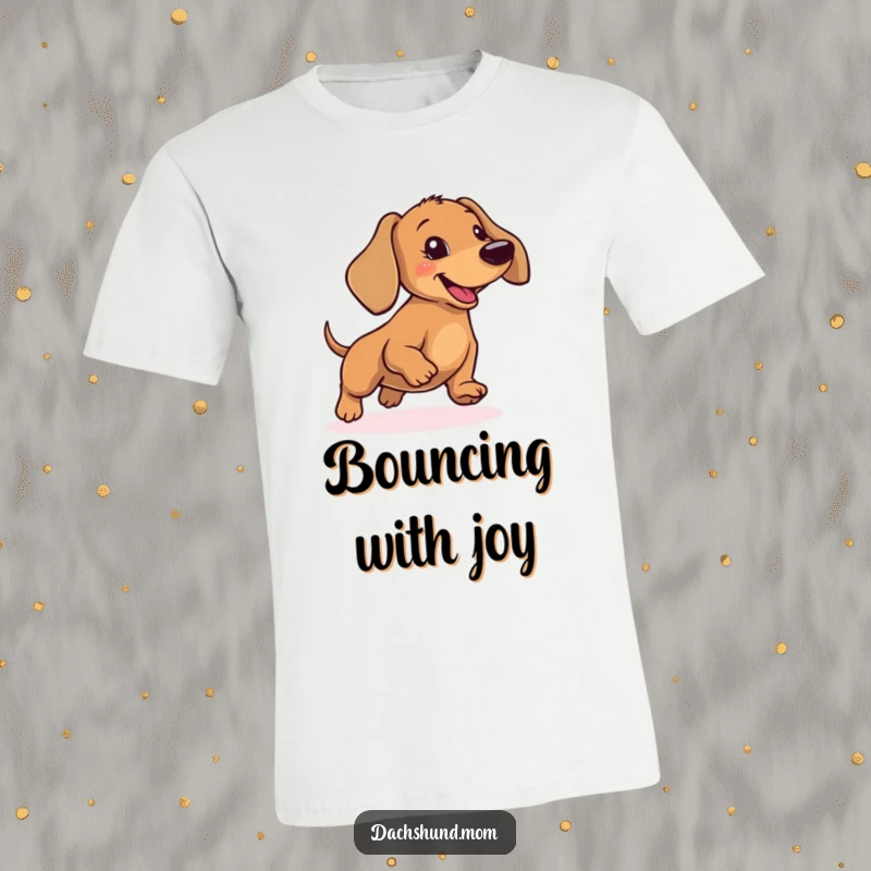 Funny Dachshund T-Shirt: A comical wiener dog caught in a cute, silly hop, radiating pure joy and energy.