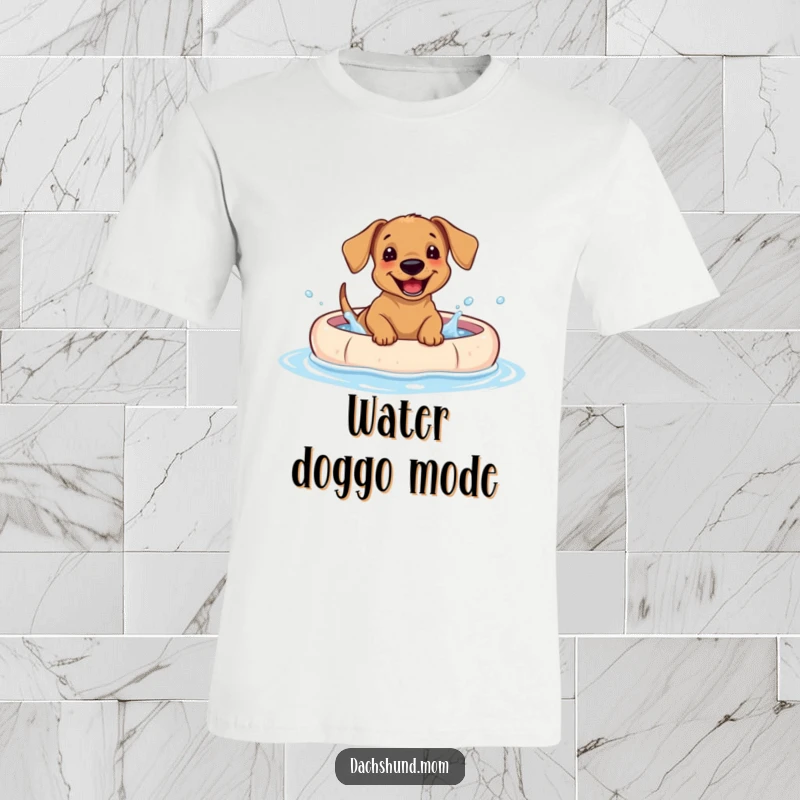 Funny Dachshund puppy t-shirt, a happy dog giggling while splashing water in a kiddie pool.