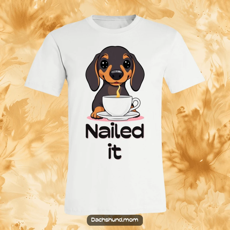 Funny Dachshund T-Shirt: A wiener dog in a comical pose, perfectly balancing a teacup on its nose with concentration.