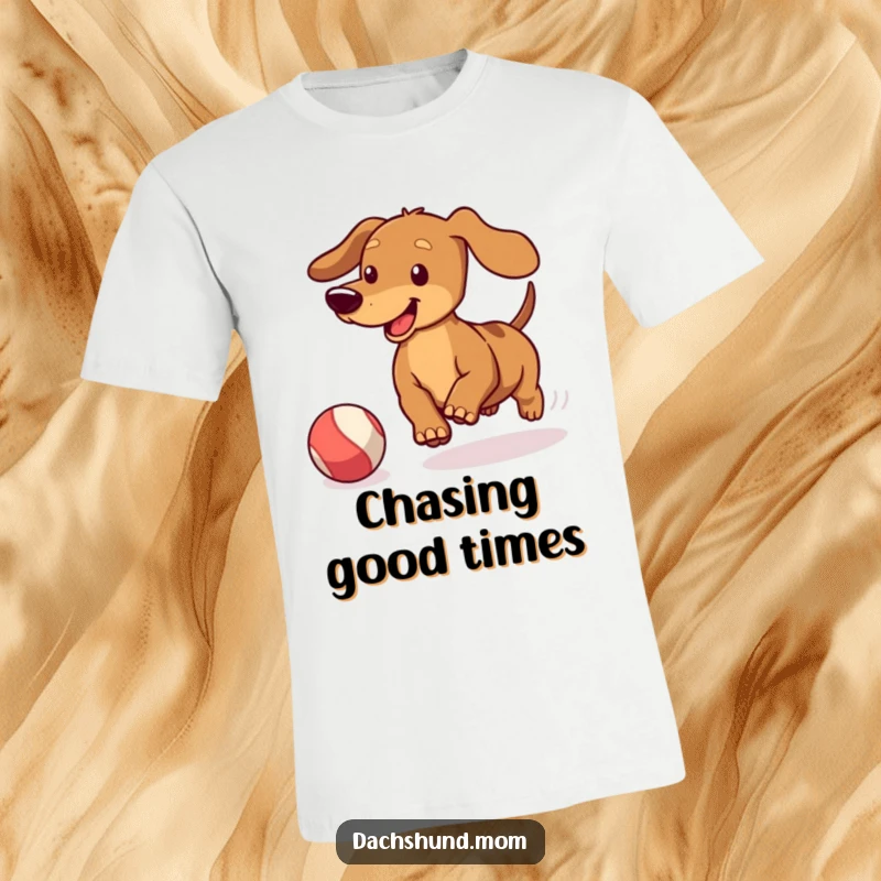 Funny Kawaii Dachshund T-Shirt: Cute doxie wagging its tail vigorously while chasing a bouncing ball, fun apparel.