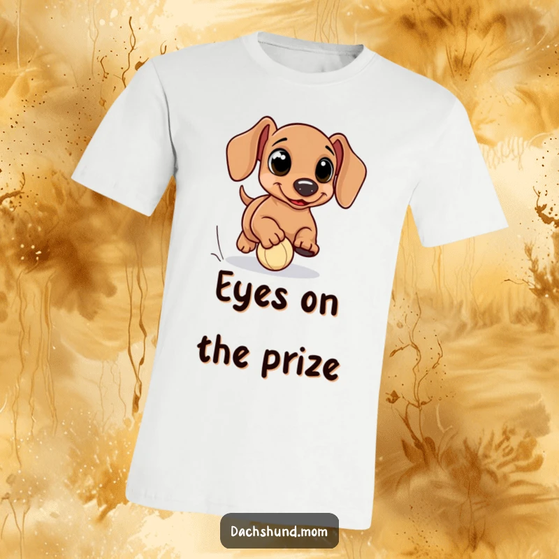 Funny kawaii dachshund t-shirt, featuring large expressive eyes, comically chasing a tiny ball, a hilarious and cute design for gifting.