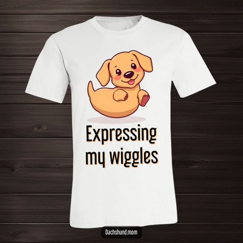 Funny kawaii dachshund t-shirt, wiggling its rear end with extreme enthusiasm and a happy expression, a hilarious gift idea.