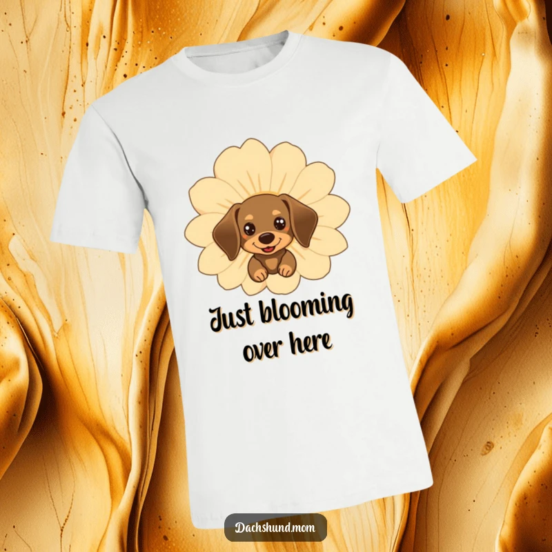 Funny kawaii dachshund peeking from behind a giant, happy flower, adorning a cute and funny t-shirt.