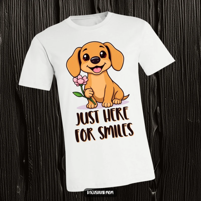 Funny Kawaii Dachshund T-Shirt showcasing a friendly expression and offering a flower, symbolizing love and happiness. A great gift.