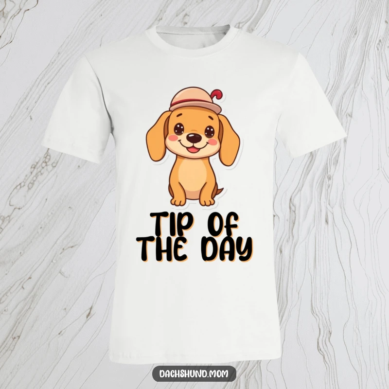 Funny kawaii dachshund t-shirt, tipping a tiny hat with a cheerful grin, a stylish and humorous design for anyone who loves a good laugh.