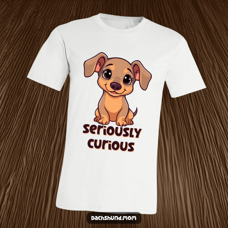 Funny Dachshund T-Shirt: A cute kawaii dachshund tilting its head with a look of pure curiosity and adorable wonder.