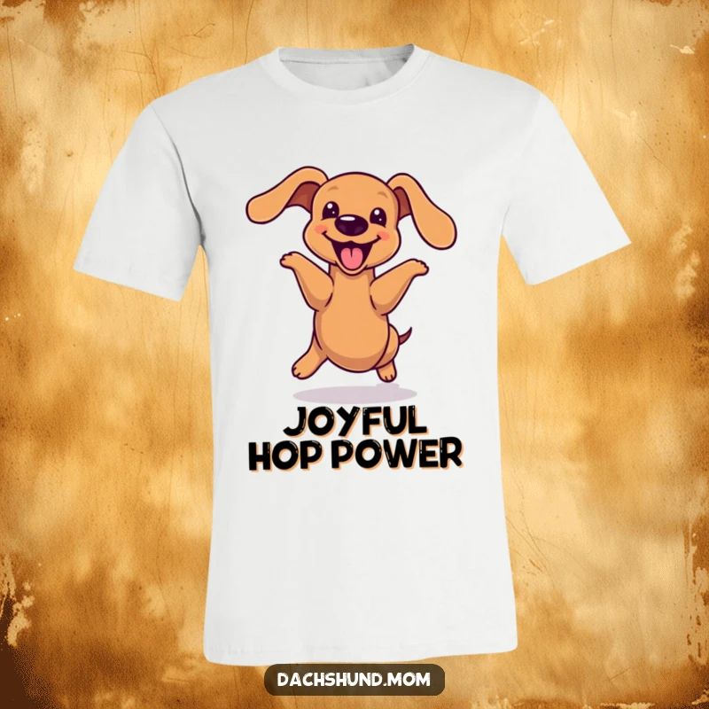 Funny kawaii dachshund t-shirt, doing a joyful hop with its elongated body, conveying immense happiness, a hilarious and energetic design for gifting.