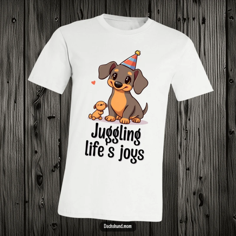 Funny Kawaii Dachshund T-Shirt: a dachshund wearing a small party hat, skillfully juggling three squeaky toys, radiating party vibes.