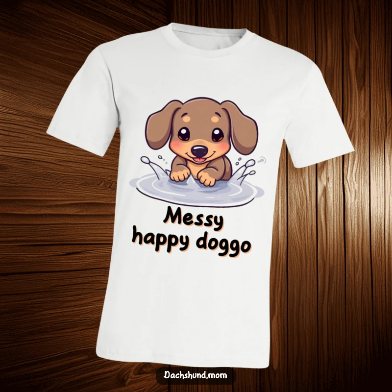 Funny Kawaii Dachshund T-Shirt: A playful dachshund gleefully splashes in a small puddle, capturing a moment of pure, wet fun.