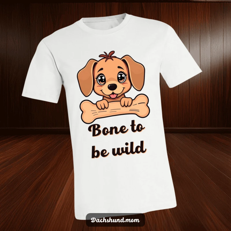 Funny Kawaii Dachshund T-Shirt featuring a sweet pup with huge, sparkling eyes peeking curiously from behind a giant bone.
