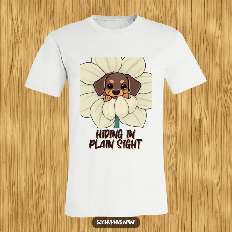 Funny kawaii dachshund t-shirt, featuring a curious little dog peeking from behind a giant flower, humorous and cute.