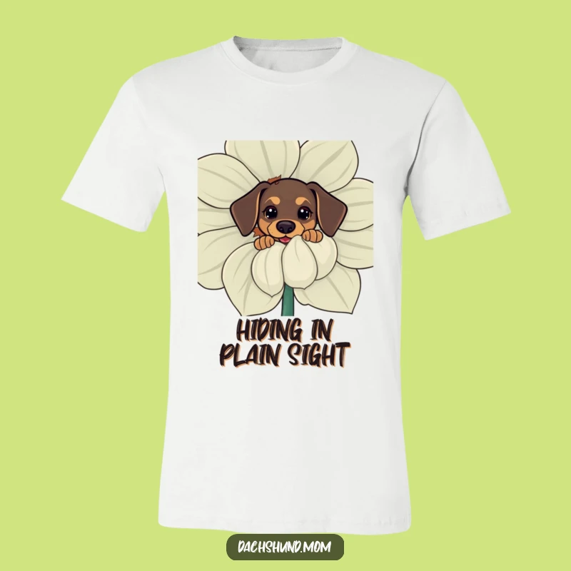 Funny Kawaii Dachshund T-Shirt: Curious Pup Behind Flower, Hilarious Dog Apparel