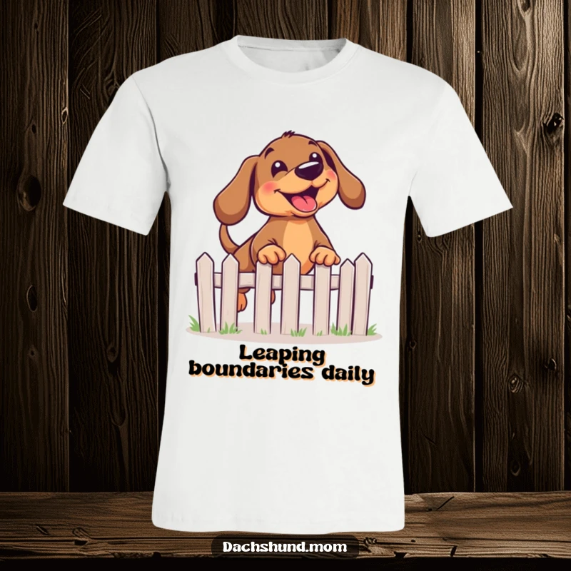 Funny Kawaii Dachshund T-Shirt featuring a happy dog joyfully leaping over a small fence with great energy.