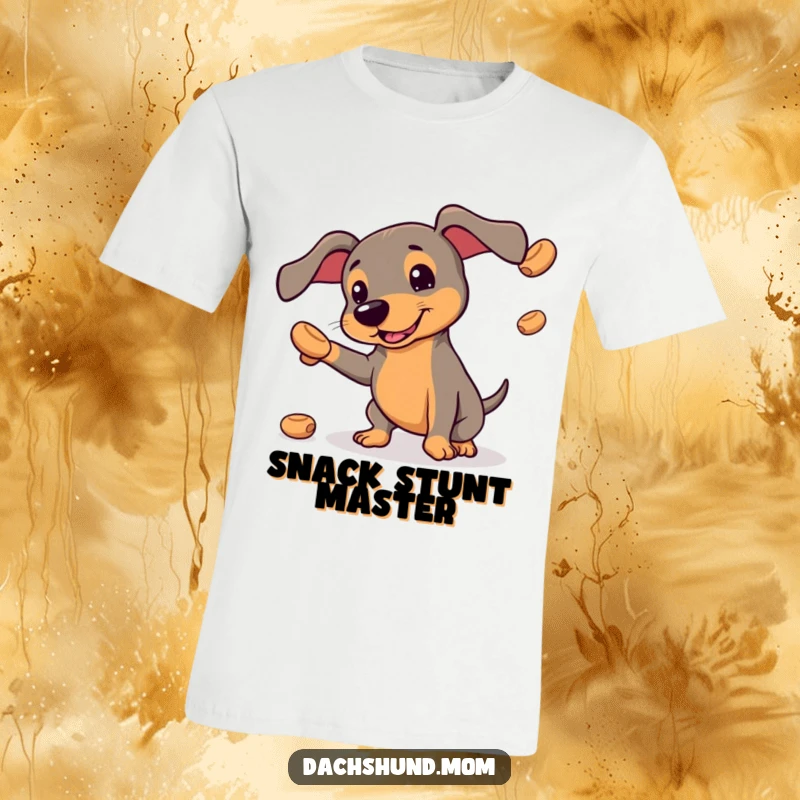 Funny kawaii dachshund t-shirt, depicting a small dog hilariously trying to juggle small, round treats, a humorous action shot.