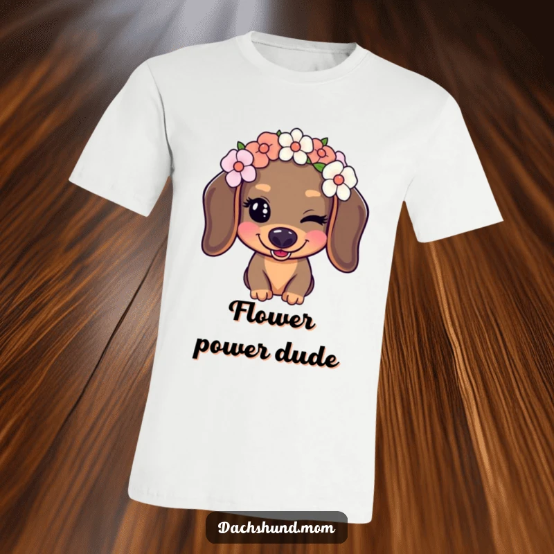 Funny Kawaii Dachshund T-Shirt with a dog wearing a flower crown and delivering a playful wink, a stylish and funny gift.