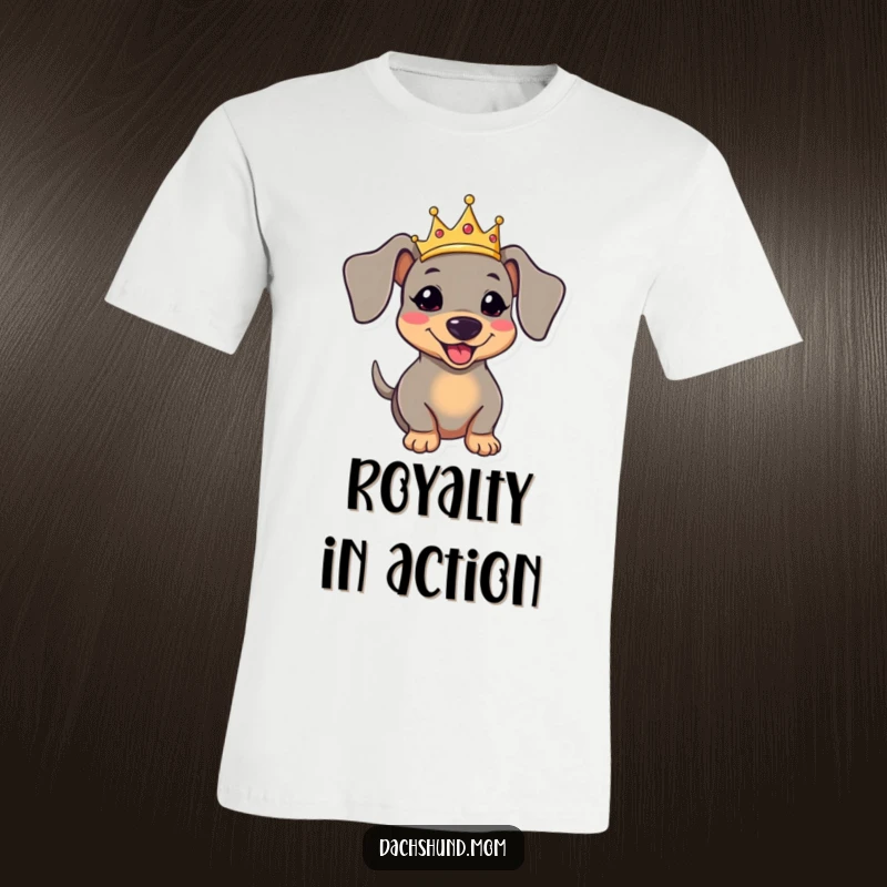 Funny kawaii dachshund wearing a small crown and wagging its tail excitedly on a t-shirt.