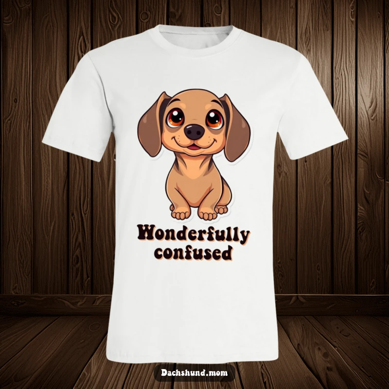 Funny Kawaii Dachshund T-Shirt featuring a cute dog with big sparkling eyes looking up in awe, a wonderful gift.