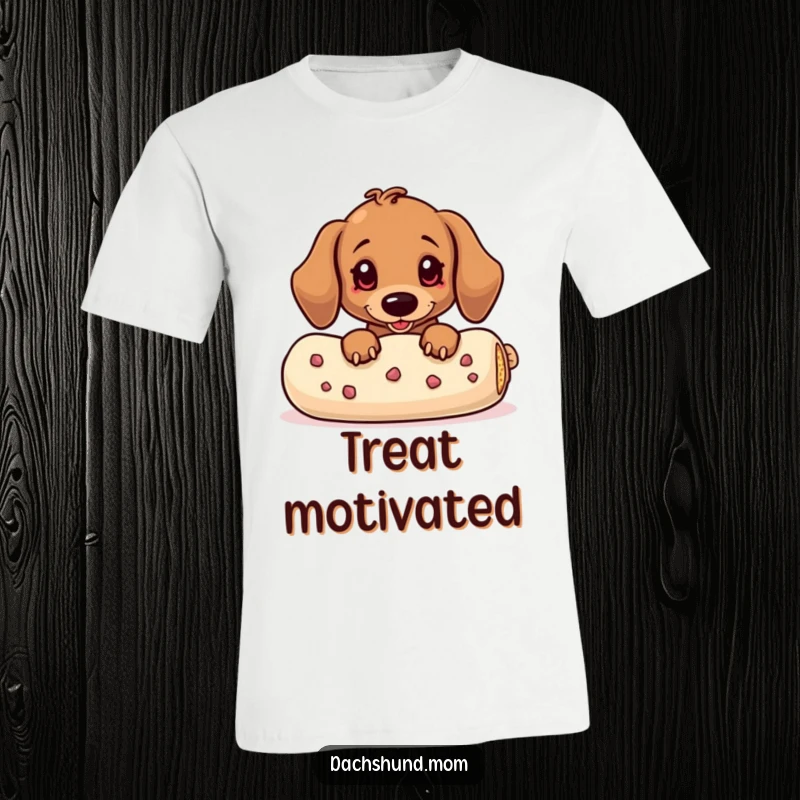 Funny Dachshund T-Shirt: A kawaii dachshund peeking from behind a comically large treat with a mischievous glint.