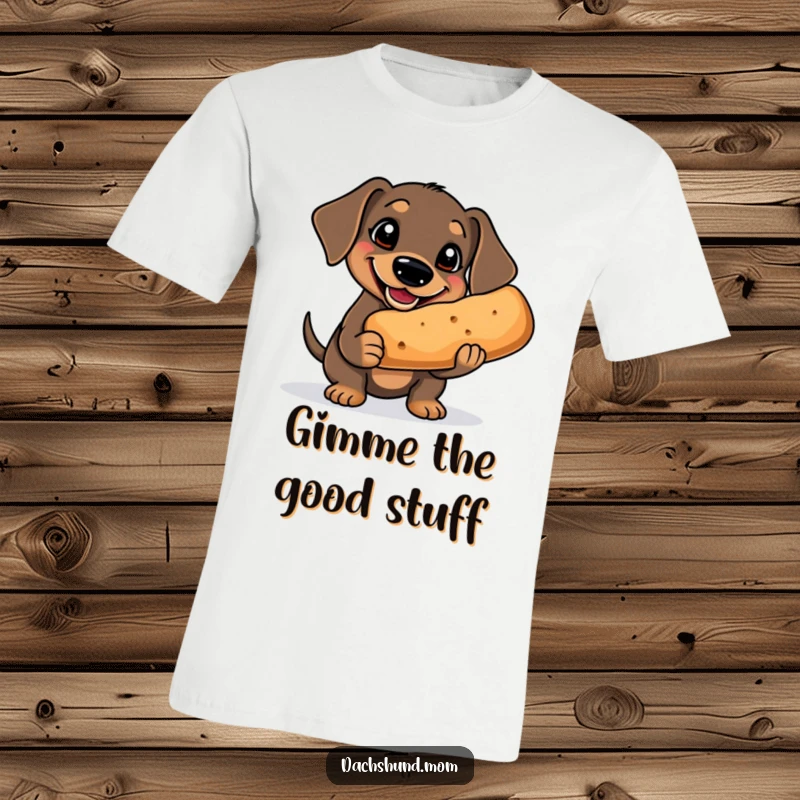 Funny Kawaii Dachshund T-Shirt: a goofy dachshund with a big grin holds a comically large treat, radiating happiness and joy.