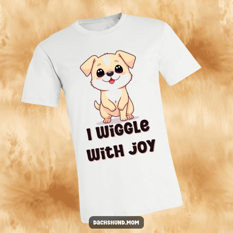 Funny t-shirt depicting a tiny, long dog with big eyes joyfully wiggling its entire body with excitement.