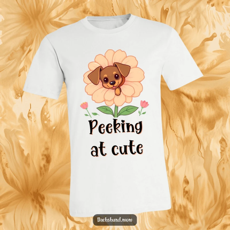 Funny tiny dachshund peeking from behind a large flower, printed on a t-shirt, capturing a moment of cute dog humor.