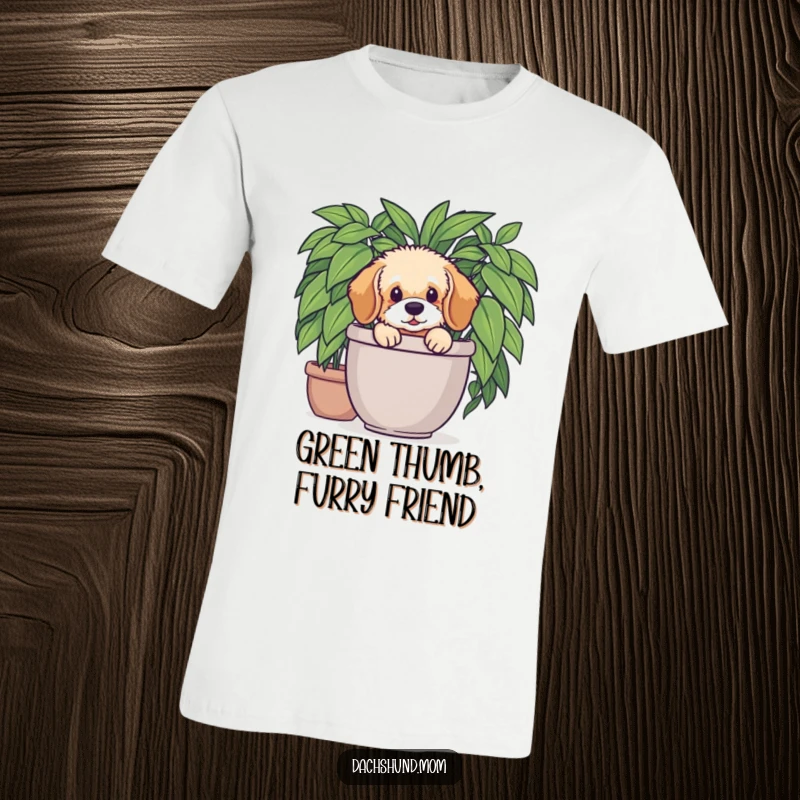 Funny Dachshund Plant T-Shirt: A fluffy Dachshund pup is peeking out from a vibrant potted plant. Cute and humorous dog apparel.