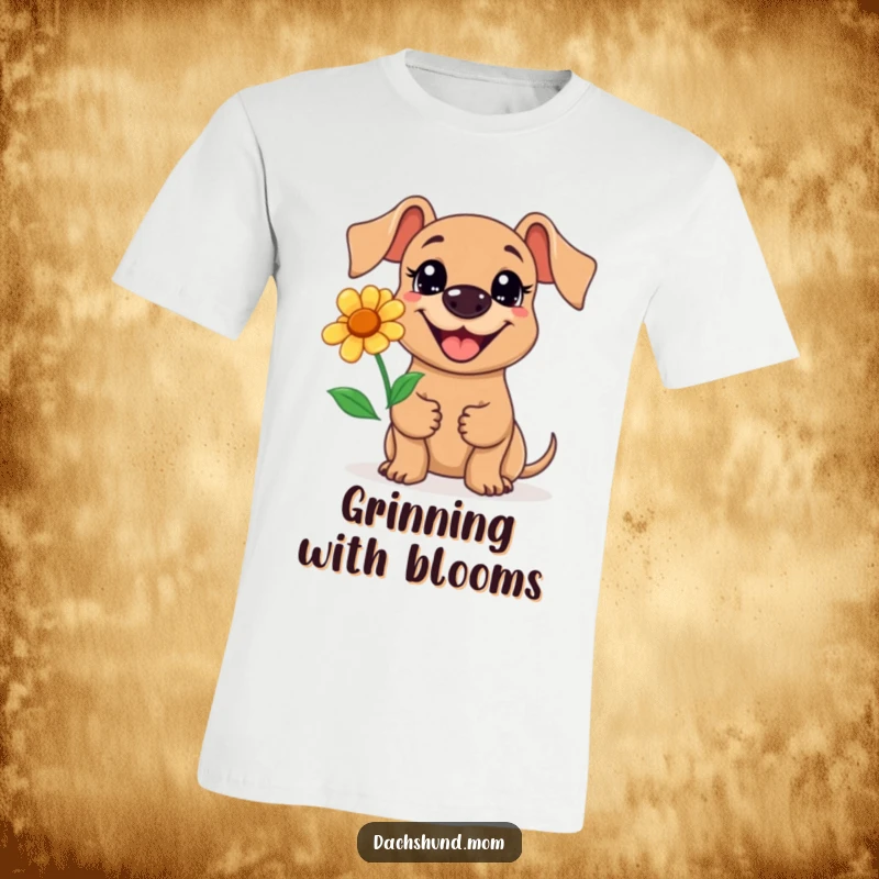 Funny Kawaii Dachshund Flower T-Shirt: A cute dachshund with a big grin holds a flower, looking cheerful, great gift.