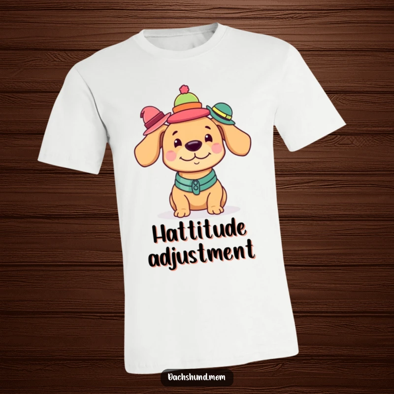 Funny Kawaii Dachshund T-Shirt featuring a delightful pup balancing an impressive stack of tiny, colorful hats.