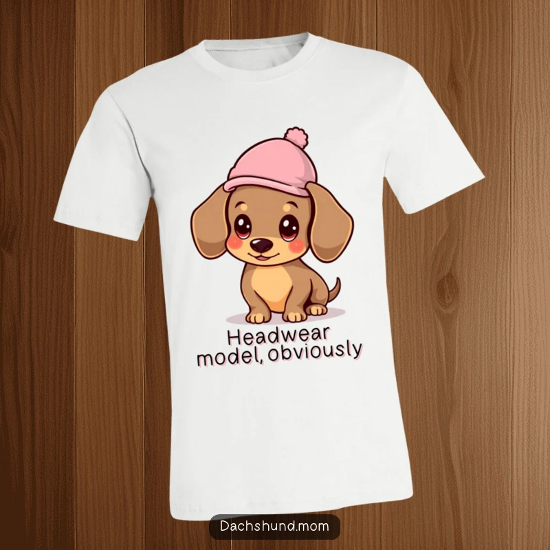 Funny Kawaii Dachshund T-Shirt, a dog with a hat on its head, looking sophisticated and amusingly cute.