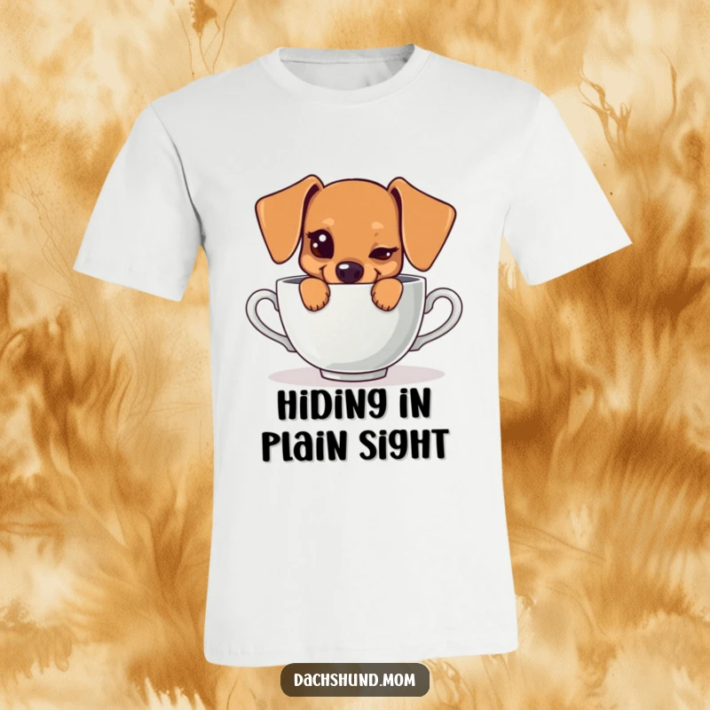 Funny t-shirt with a kawaii dachshund peeking from behind a teacup with a mischievous wink, showcasing adorable playfulness and charm.