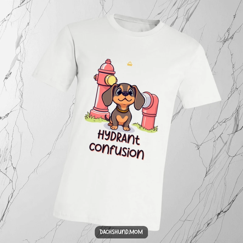 Funny Kawaii Dachshund T-Shirt: A cute dog looks up with confusion at a giant red fire hydrant, questioning its existence.