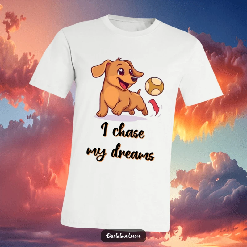 Funny t-shirt depicting a happy, small wiener dog excitedly chasing a bouncing ball with pure canine delight.