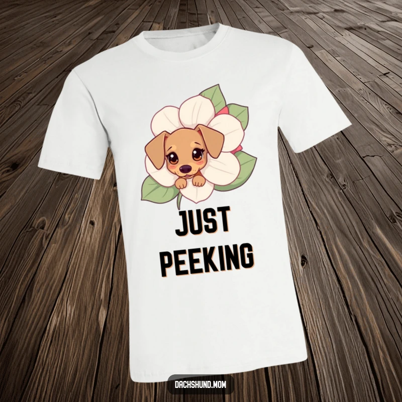 Funny Kawaii dachshund t-shirt showing a small dog with curious eyes peeking playfully from behind a huge flower.