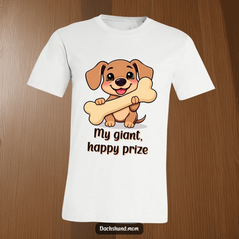 Funny Kawaii Dachshund T-Shirt showing a super cute dachshund with a big smile, proudly holding a giant bone, a funny delight.