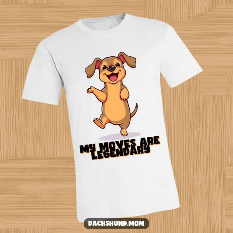 Funny cute dachshund character doing a clumsy dance move, printed on a t-shirt, capturing joyful dog humor.
