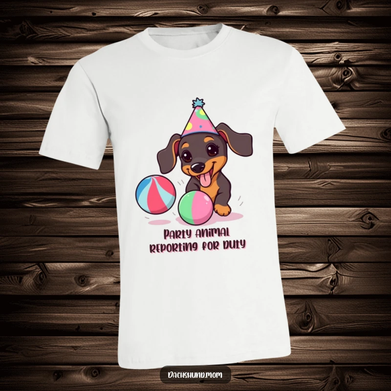 Funny kawaii dachshund in a festive party hat, energetically pursuing a colorful ball, a delightful tee.
