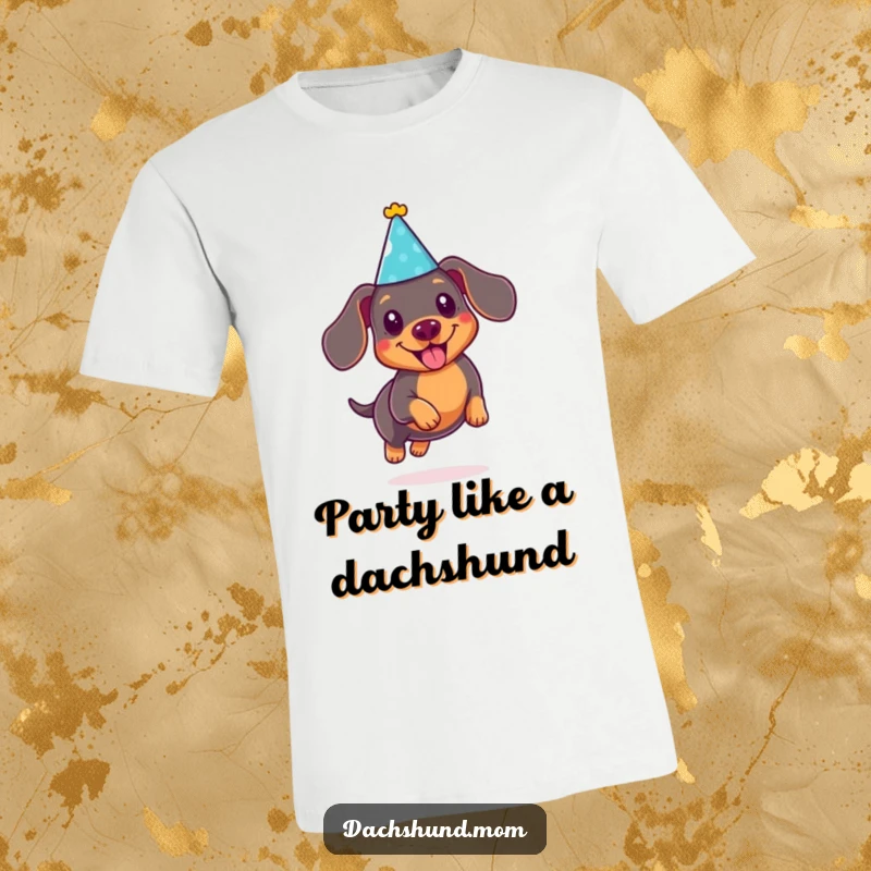 Funny Kawaii Dachshund T-Shirt: Cute doxie wearing a tiny party hat, joyfully leaping, a fun and humorous apparel.