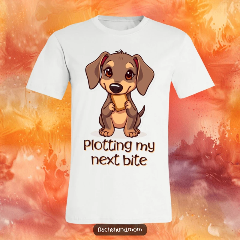 Funny Kawaii Dachshund T-Shirt: A cute dachshund in a sneaky pose, eyeing a treat with intense focus and a determined expression.