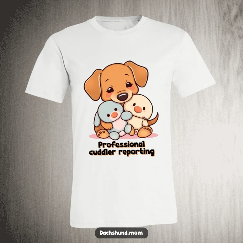 Funny Kawaii Dachshund T-Shirt, a cute dog cuddling a tiny toy, representing comfort and heartwarming friendship.