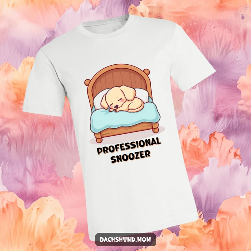 Funny Kawaii Dachshund T-Shirt: A sleepy dog is adorably squished into a comically small bed, looking utterly peaceful.