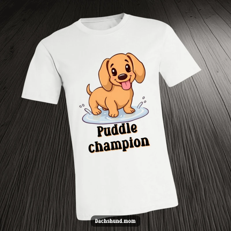Funny t-shirt with a kawaii dachshund sticking its tongue out while happily splashing in a tiny puddle, embodying carefree fun.