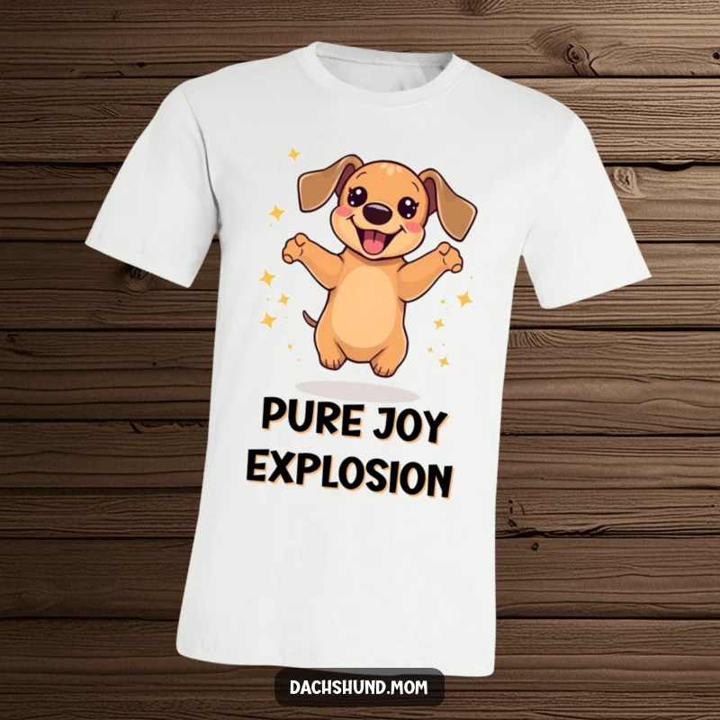 Funny Kawaii Dachshund T-Shirt showing a dog jumping with absolute delight, surrounded by shimmering sparkles, a fun gift.