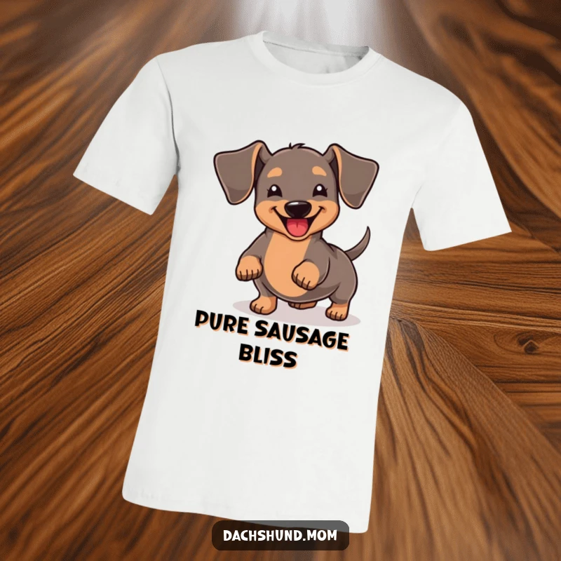 Funny Kawaii Dachshund T-Shirt: A cute dachshund wiggles its stubby tail in pure ecstatic joy, capturing a moment of uncontainable happiness.