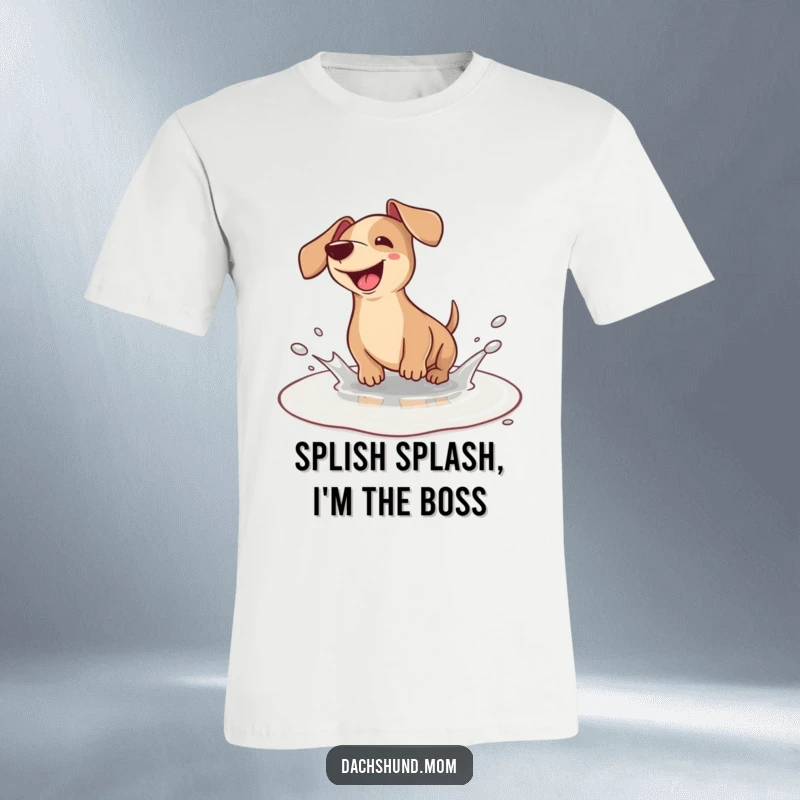 Funny Dachshund T-Shirt: A delightful kawaii dachshund caught in a joyful splash within a small puddle, radiating pure fun.