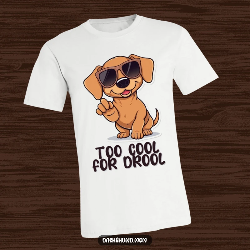 Funny Kawaii Dachshund T-Shirt: a dachshund in oversized sunglasses dramatically pointing one paw forward, exuding confidence and humor.