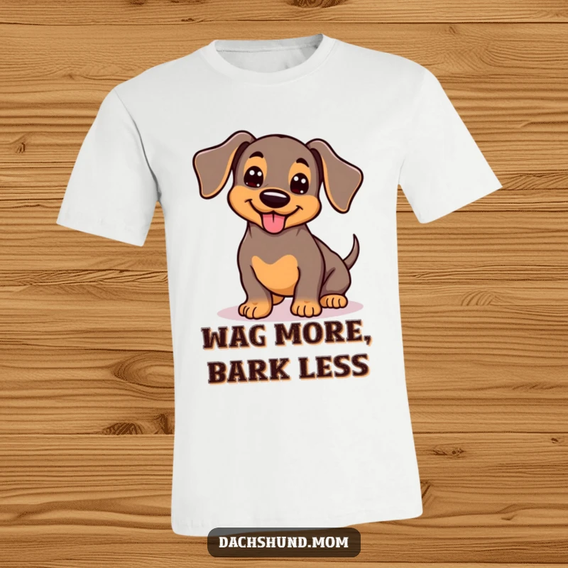 Funny Kawaii Dachshund T-Shirt: Adorable wiggling dog with wagging tail, pure joy, cute pet apparel.