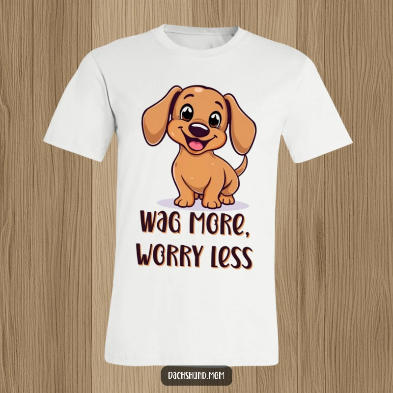 Funny Dachshund T-Shirt with a stylized, smiling body enthusiastically wagging its tail, showcasing pure happiness.